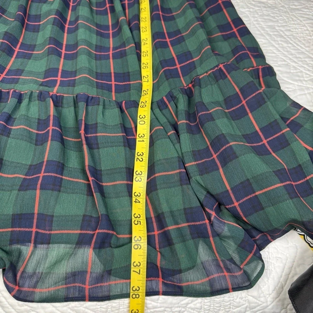 J.Crew Tartan Plaid Tiered Dress XL Green Blue Ruffle Tie Neck Long Sleeve